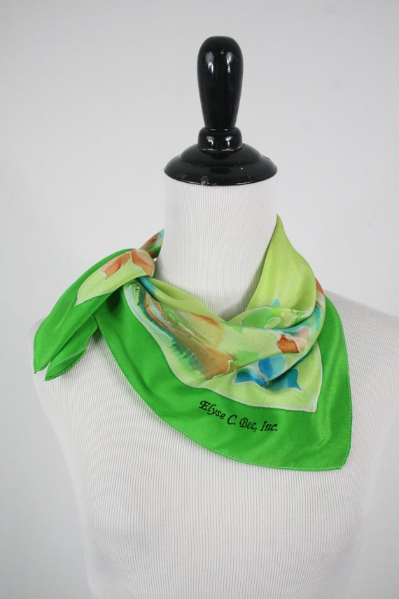 Vintage Scarf Silk Grass Green Watercolor Small S… - image 7