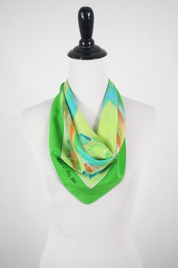 Vintage Scarf Silk Grass Green Watercolor Small S… - image 1