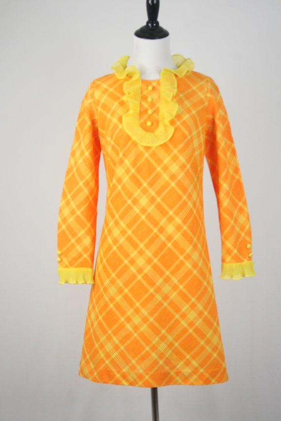 1960s Dress Orange Yellow Plaid Ruffled Jody of C… - image 3