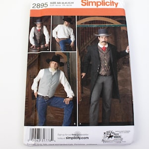 May include: Simplicity sewing pattern featuring a cowboy theme. The pattern includes images of a man in various outfits, including a vest, hat, and long coat. The pattern size is AA 38,40,42,44.