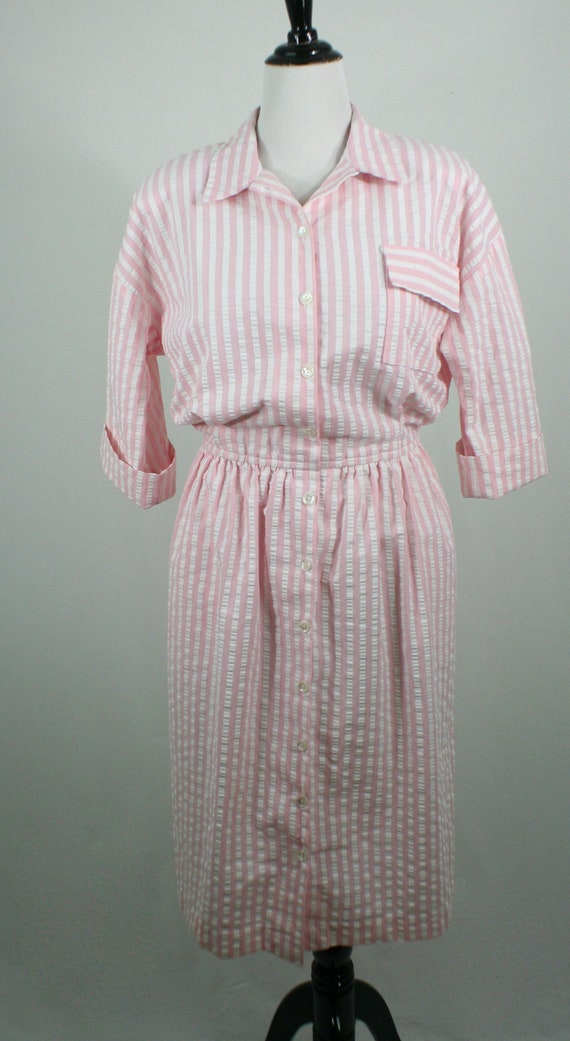 Vintage 1980s Dress Pink White Seersucker Shirt D… - image 4