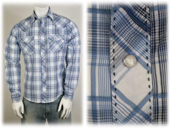 Vintage Western Shirt Wrangler Blue Paid Pearl Sn… - image 1
