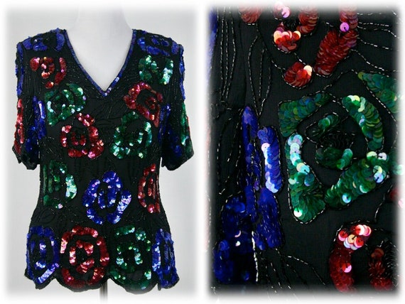 Vintage Sequined Blouse Stenay Plus Silk Beaded T… - image 1