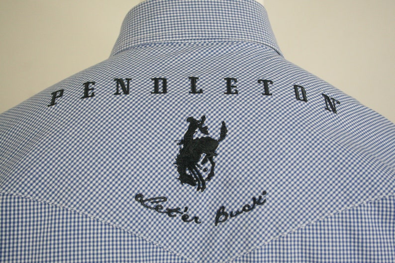May include: A blue and white gingham shirt with a black embroidered Pendleton logo and the words "better buck" on the back.