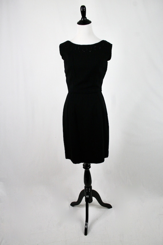 1960s Little Black Dress Back Beaded Bow LBD - image 2