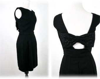 1960s Little Black Dress Back Beaded Bow LBD