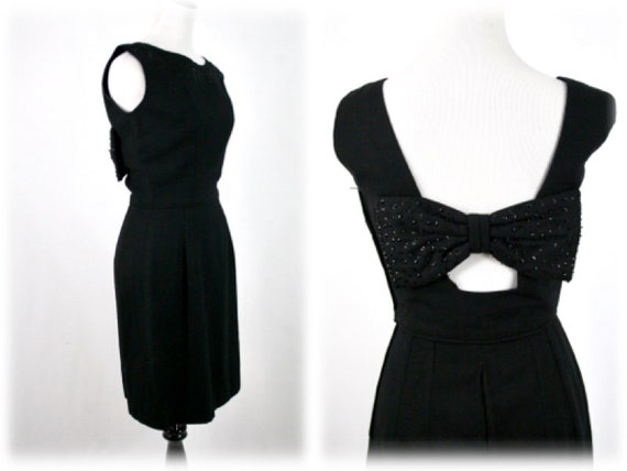 1960s Little Black Dress Back Beaded Bow LBD - image 1