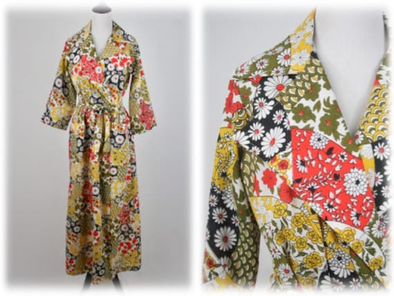 1970s Robe Long Wrap Patchwork Print Smart Time Ro
