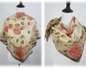 Vintage Scarf Pink Roses Gold Leaf Chiffon Worth Large Square Scarf