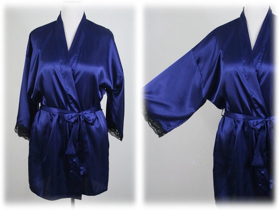 Vintage Robe Fredericks of Hollywood Navy Satin W… - image 1