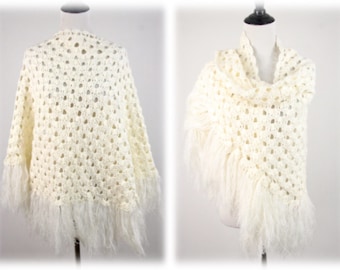 Vintage Shawl Crocheted Fluffy Fringe