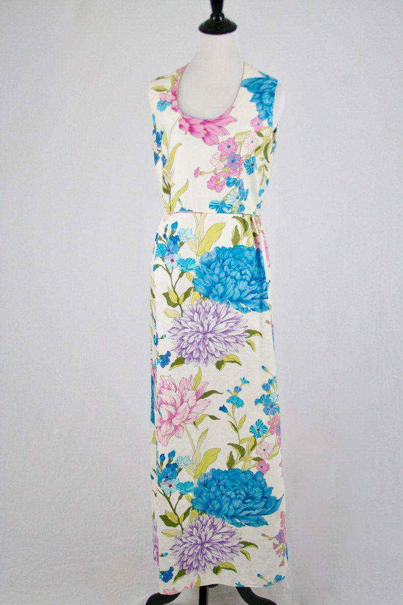 1960s Maxi Dress Park East Elegant Oversized Flower Print Cotton Pique Long Dress