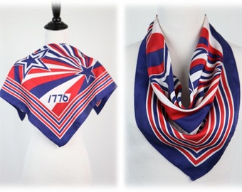 Vintage 1970s Scarf Bicentennial Red White Blue Patriotic Square Scarf