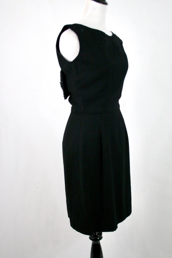 1960s Little Black Dress Back Beaded Bow LBD - image 4