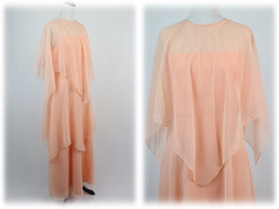 Vintage 1970s Dress Peach Chiffon Long Bridesmaid… - image 1