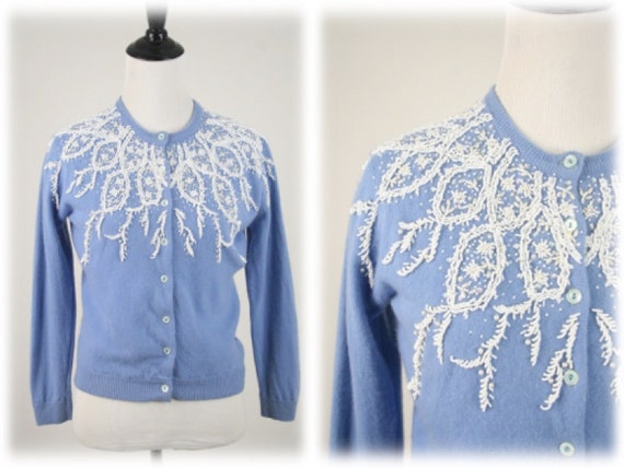 1950s 60s Sweater Beaded Cashmere Delft Blue Cardi
