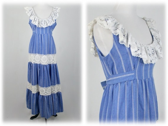 1970s Dress Seersucker and Lace Joy Stevens Califo