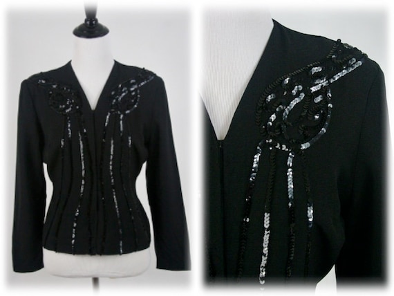 1940s Blouse Black Rayon Crepe Sequined Unlined Ja