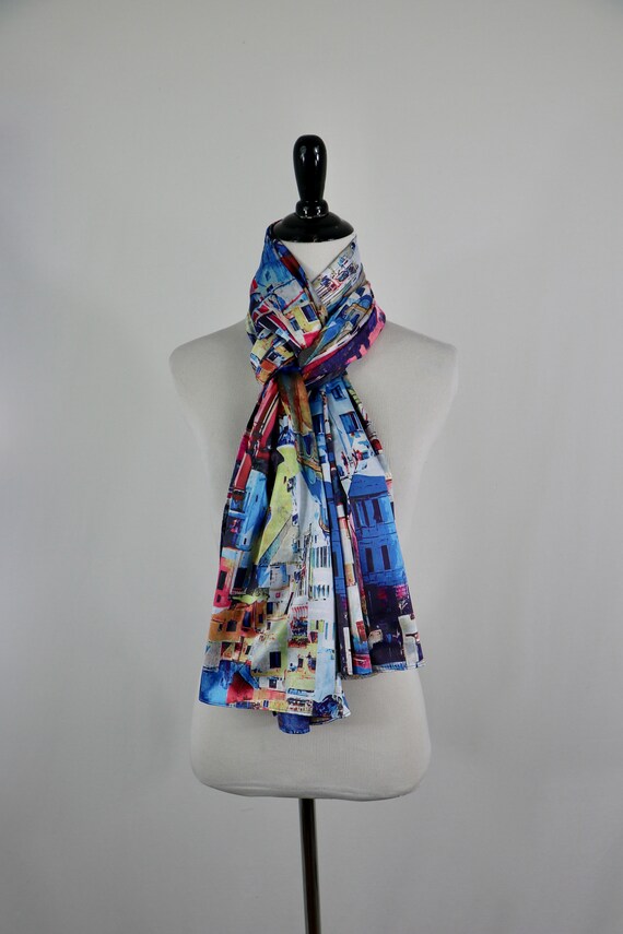 Vintage Scarf Huge Rectangle City Scene Shawl