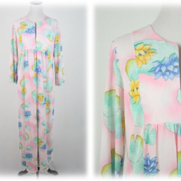 1970s Hostess Dress Water Lily Print Nylon Butterfield 8 Lounge Dress Medium