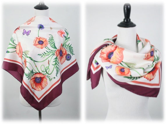 Vintage Scarf Silk Twill Butterfly and Bugs and P… - image 1