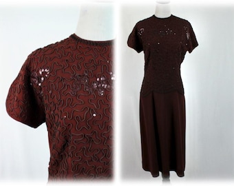 Vintage 1940s Dress Rayon Crepe Sequins and Soutache Trim Dress