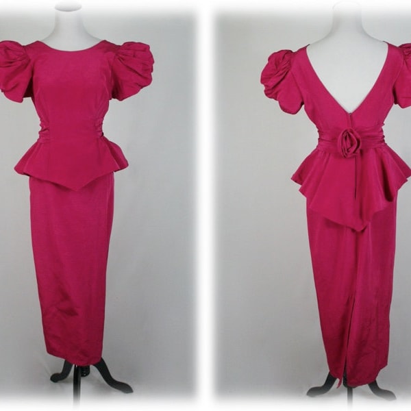 Vintage 1980s Dress Hot Pink Faille Puffy Sleeves Peplum Slim Skirt Prom Dress