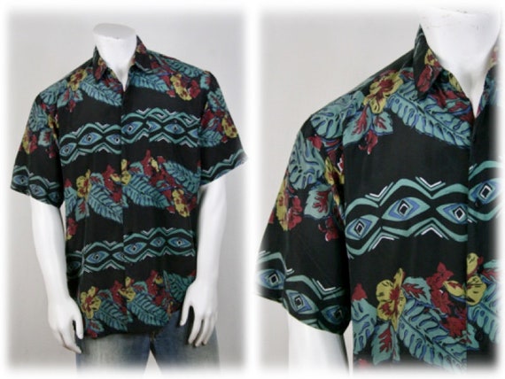 1990s Shirt Button Down Silk Tropical Print Large