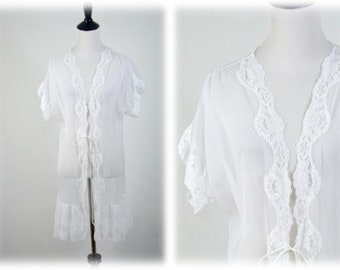 Vintage Robe White Sheer Chiffon Lace Short Robe Medium