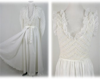 1960s Peignoir Set Odette Barsa Bridal White Long Robe and Night Gown Set