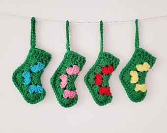 Crochet Christmas Stockings, Mini Christmas Stocking Decorations, Set of 4 Christmas Stocking Ornaments