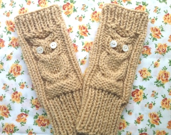 Owl Fingerless Gloves Knitting Pattern, Chunky Hand Warmers Pattern, PDF Instant Download