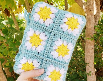 Flower Book Case, Crocheted Book Cover, Handmade Book Sleeve, Daisy Flower Granny Squares