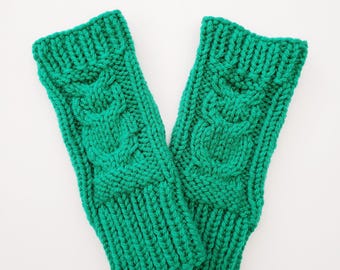 Knitted Owl Fingerless Gloves, Cable Knit Handwarmers, Green Fingerless Gloves