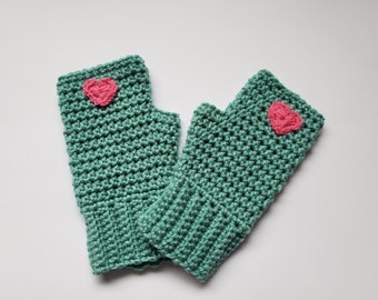 Crochet Heart Fingerless Gloves, Crocheted Hand Warmers