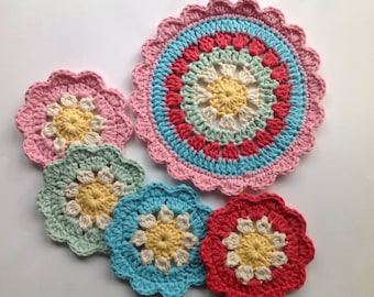 Daisy Coasters and Mandala Crochet Pattern, Crochet PDF Pattern