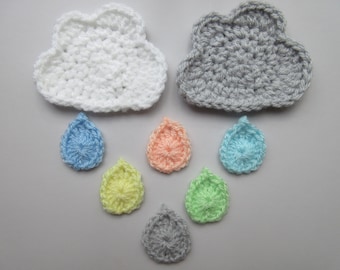 Cloud and Raindrops Crochet Pattern, Applique Pattern, Cloud Applique, PDF Pattern Tutorial