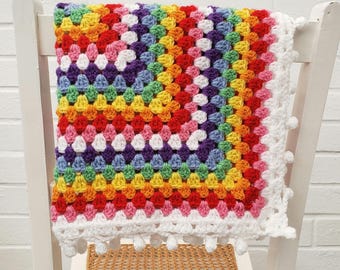 Pom-Pom Edged Blanket Crochet Pattern, Rainbow Granny Square Child Blanket, Traditional Crochet Blanket PDF Pattern, US Crochet Terms