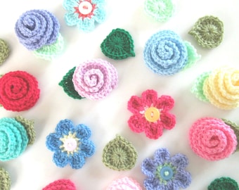 Flowers and Leaf Crochet Pattern, Rose Crochet Pattern, Flower Appliques, US Crochet Terms, PDF Instant Download