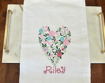 Floral Heart Personalized 100% Cotton Cloth Embroidered Kitchen Tea Towel-Wren Riley Designs Hand Towel