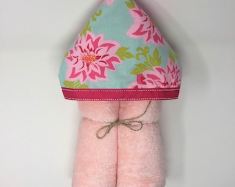 Dahlia Light Pink & Green Child's Personalized Hooded Bath Towel Wren Riley Designs-Free Shipping