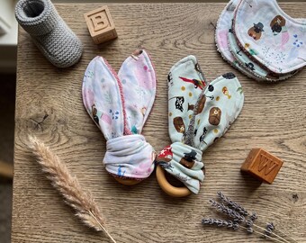 Nautical Baby Bunny Ear Fabric Wooden Teething Ring