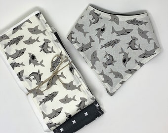 Sharks Bite Bib & Burp Cloth 3 Piece Personalized Gift Set-Wren Riley Designs-FREE SHIPPING