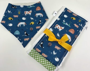 Farm Animals Baby Bib & Burp Cloth 3 Piece Personalized Gift Set Wren Riley Designs-Free Shipping