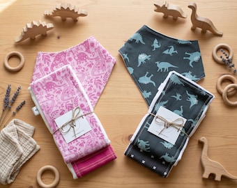 Dinosaur Baby Gift Set: Handmade Bib and Burp Cloths