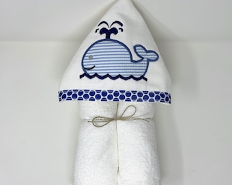 Nautical Whale Appliqued Hooded Bath, Pool, or Beach Towel Wren Riley Designs-Embroidery Available