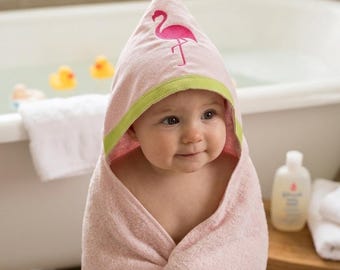Flamingo Pink & Green Hooded Bath, Pool, or Beach Towel-Personalized-Wren Riley Designs