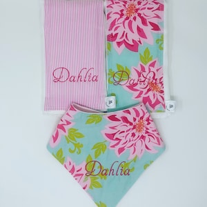 Dahlia 3 Piece Gift Set-Burp Cloths & Bandana Bib Personalized Gift Set for New Moms and Babies