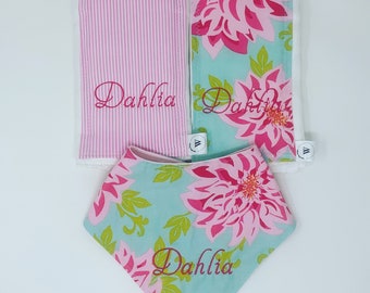 Dahlia 3 Piece Burp Cloth & Bandana Bib 3 Piece Personalized Gift Set-Wren Riley Designs-Free Shipping