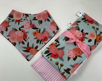 Watercolor Floral 3 Piece Burp Cloth & Bandana Bib 3 Piece Personalized Gift Set-Wren Riley Designs-Free Shipping